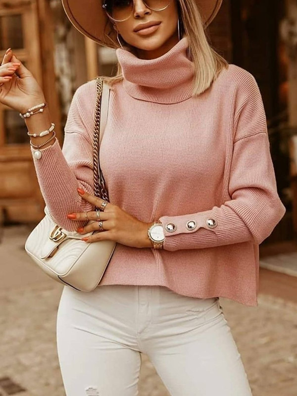 Pink Funnel Neck Solid Color Knit Sweaters