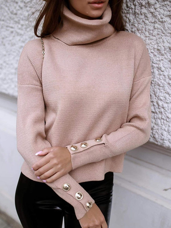 Pink Funnel Neck Solid Color Knit Sweaters