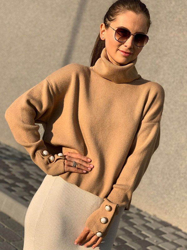 Camel Funnel Neck Solid Color Knit Sweaters