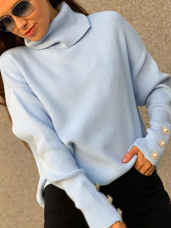 Blue Funnel Neck Solid Color Knit Sweaters