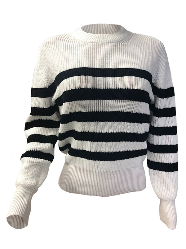 White Round Neck Stripes Pattern Knit Sweaters