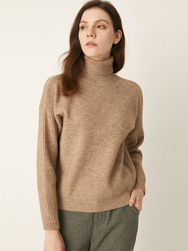 Khaki Roll Neck Warm and Loose Knit Sweaters