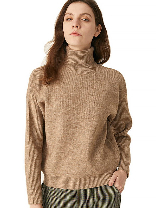 Khaki Roll Neck Warm and Loose Knit Sweaters