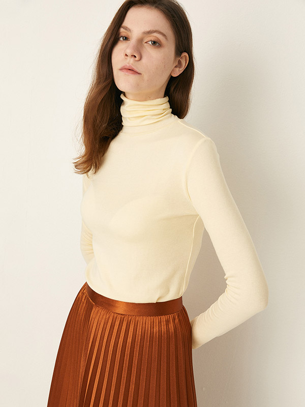 Beige Funnel Neck Base Fine Knitted Sweaters