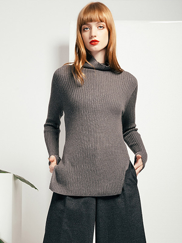 Grey Roll Neck Split Details Knit Sweaters