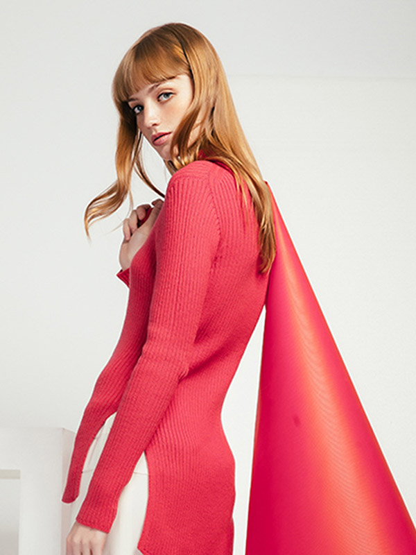 Pink Roll Neck Split Details Knit Sweaters