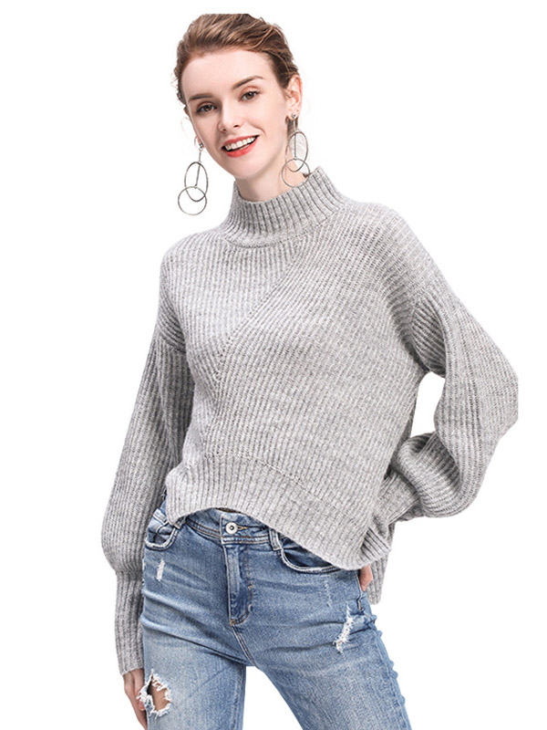 Grey Stand Collar Irregular Split Knit Sweaters