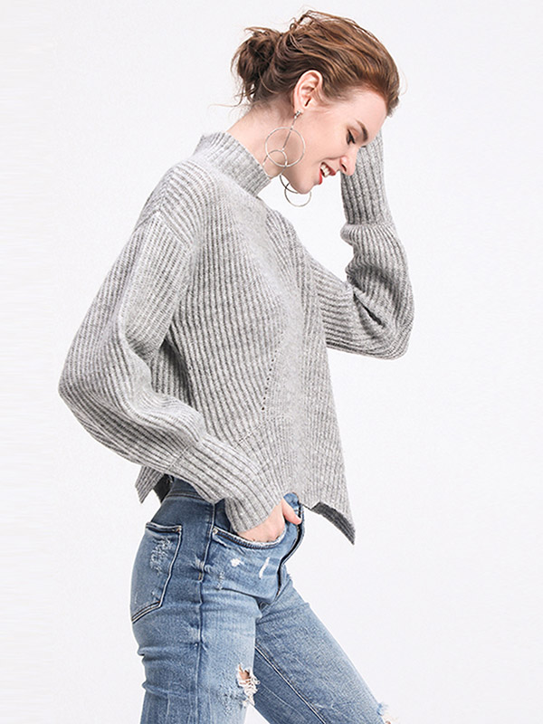 Grey Stand Collar Irregular Split Knit Sweaters