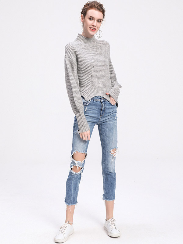 Grey Stand Collar Irregular Split Knit Sweaters