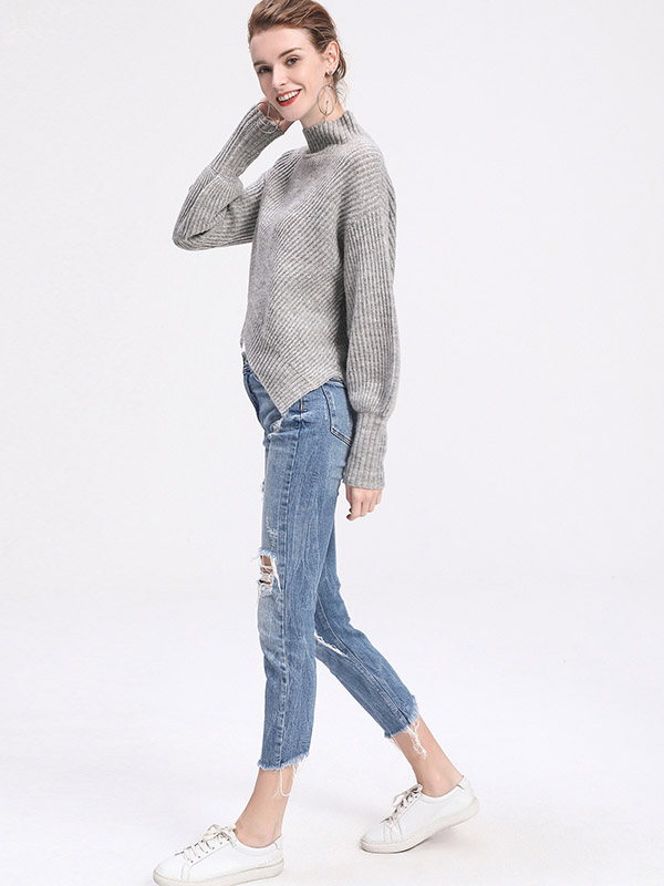 Grey Stand Collar Irregular Split Knit Sweaters