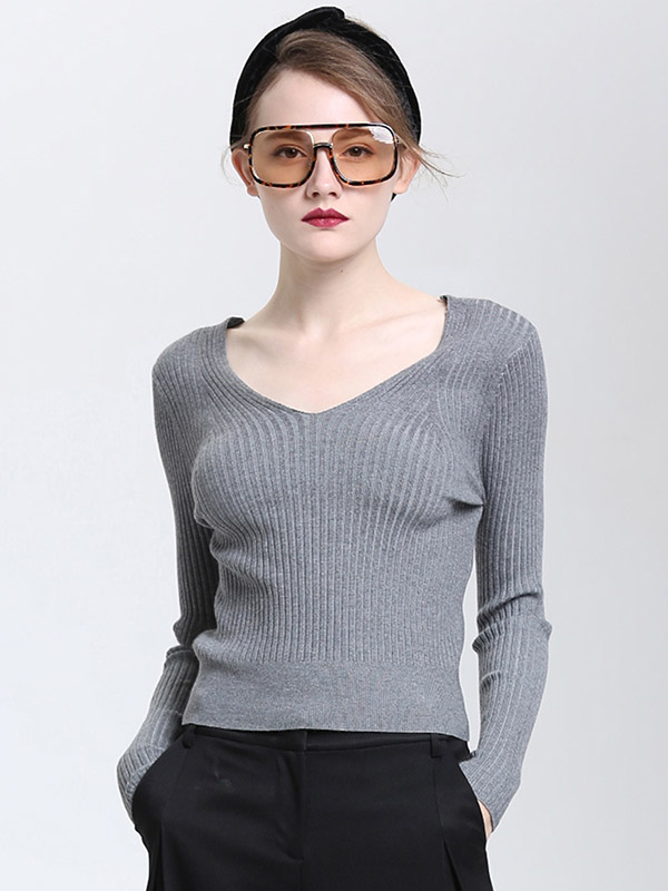 Grey Long Sleeves V-neck Bodycon Knit Sweaters