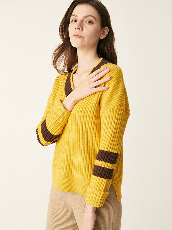 Yellow V-neck Candy Color Knit Sweaters