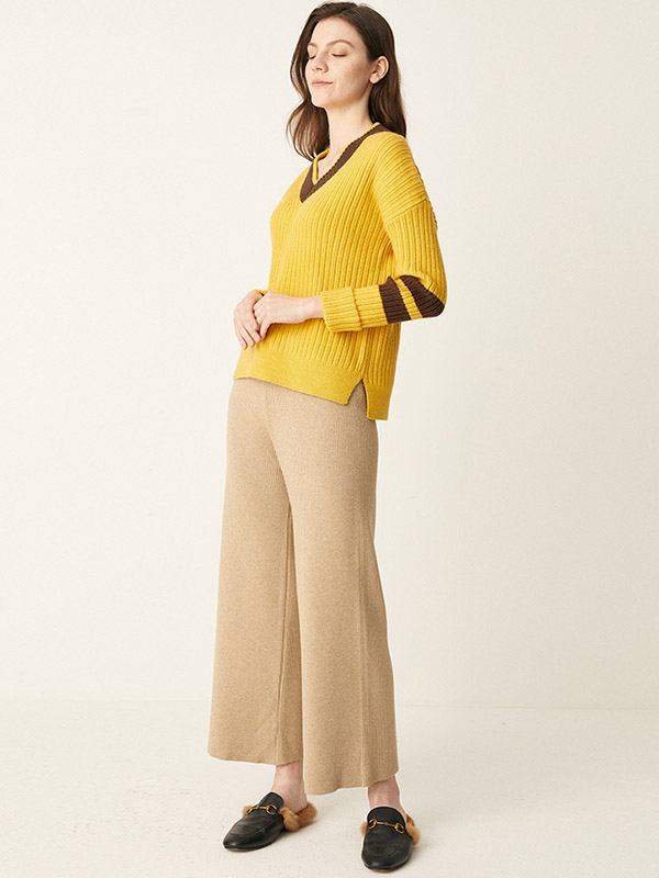 Yellow V-neck Candy Color Knit Sweaters