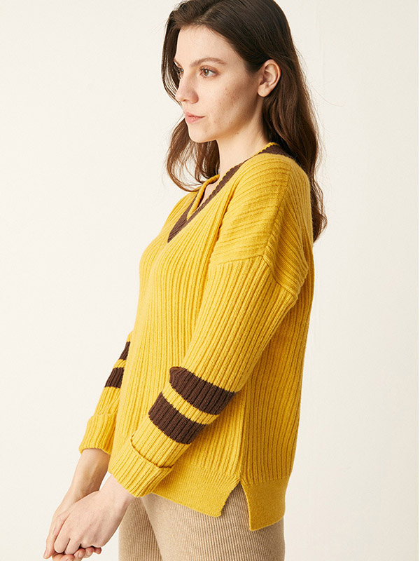 Yellow V-neck Candy Color Knit Sweaters