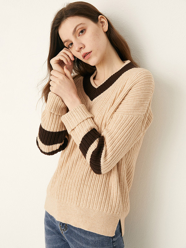 Apricot V-neck Candy Color Knit Sweaters