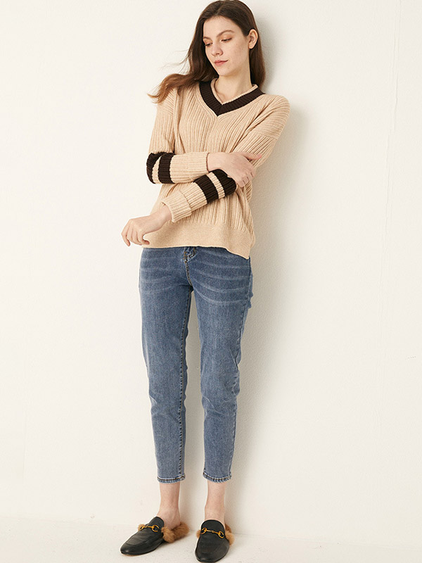 Apricot V-neck Candy Color Knit Sweaters