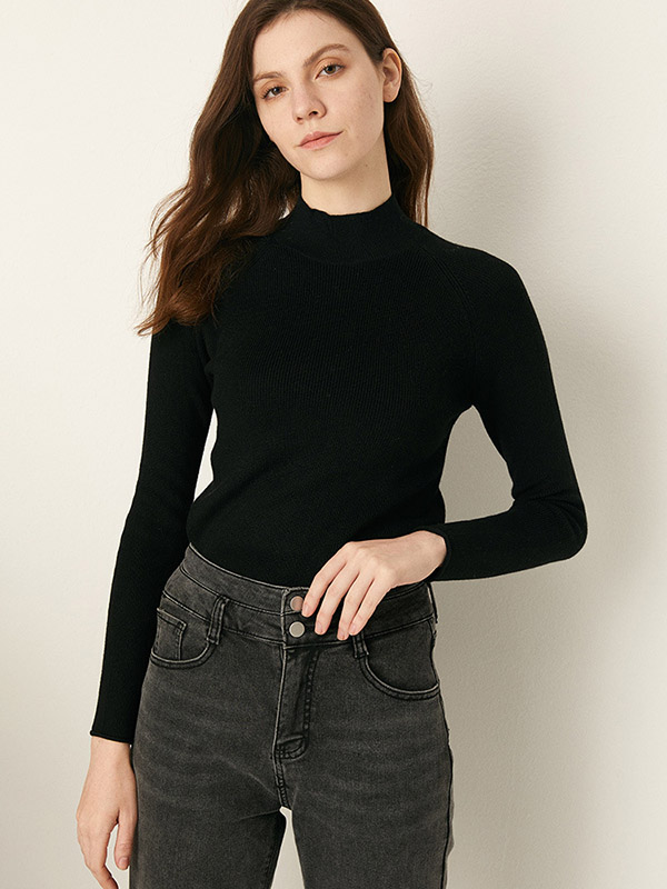 Black Stand Collor Classic Base Knit Sweaters