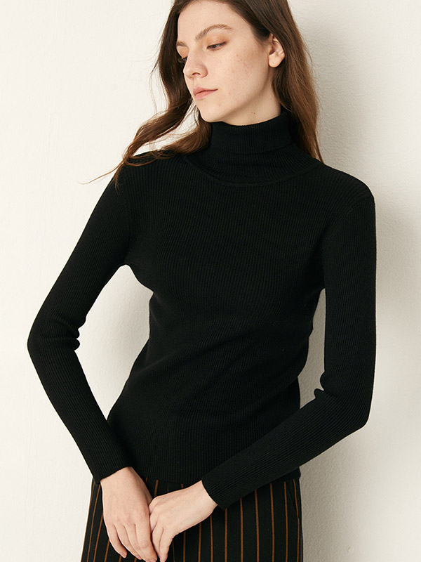 Black Roll Neck Thread Texture Knit Sweaters