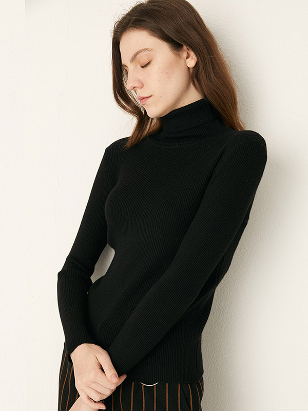 Black Roll Neck Thread Texture Knit Sweaters