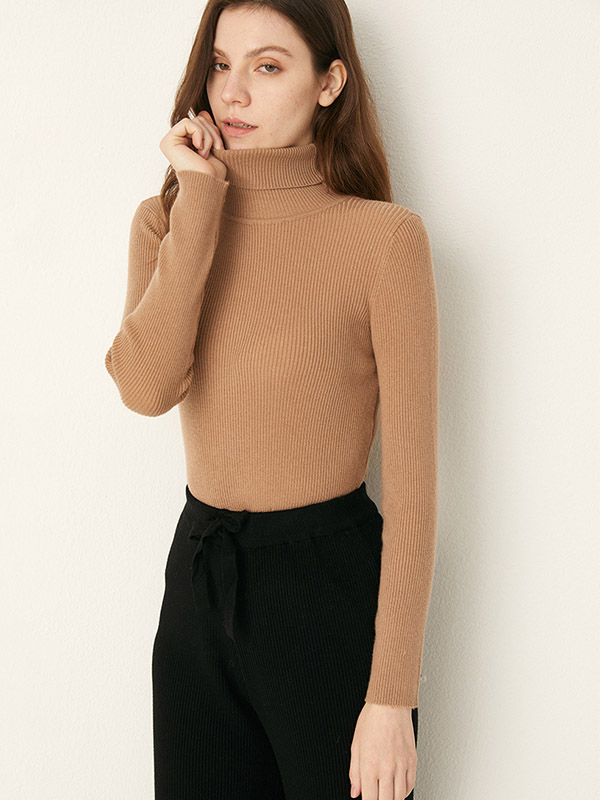 Camel Roll Neck Thread Texture Knit Sweaters