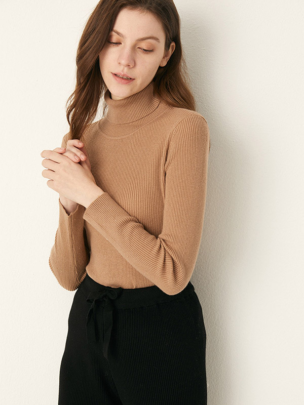 Camel Roll Neck Thread Texture Knit Sweaters