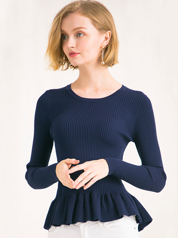 Blue Bodycon Frill Hem Knit Sweaters