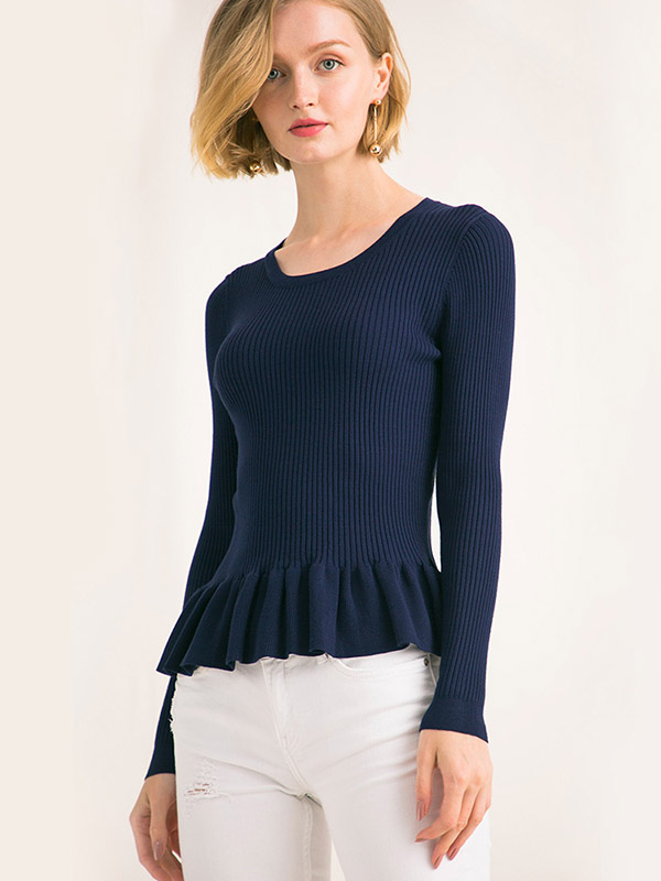 Blue Bodycon Frill Hem Knit Sweaters