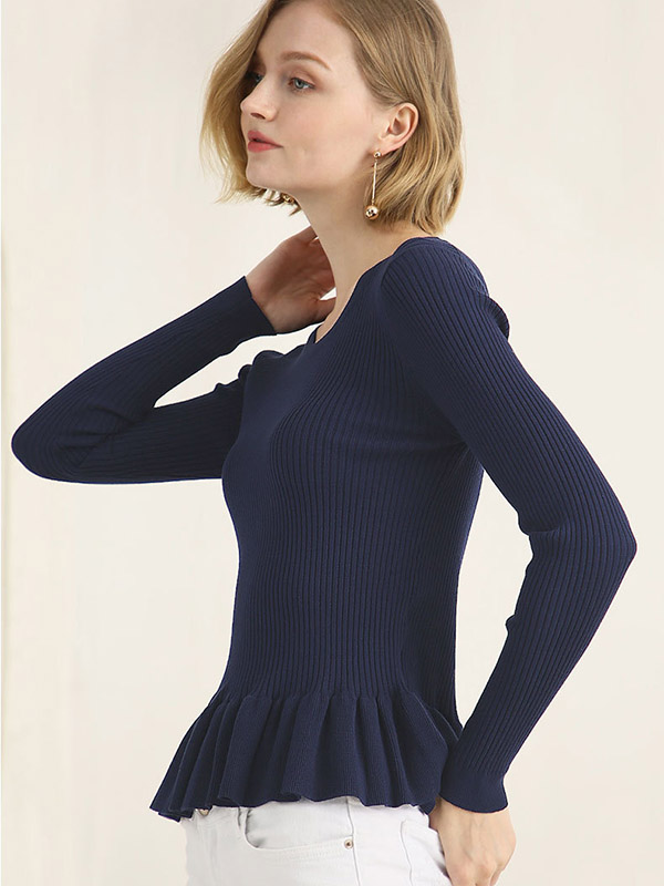 Blue Bodycon Frill Hem Knit Sweaters