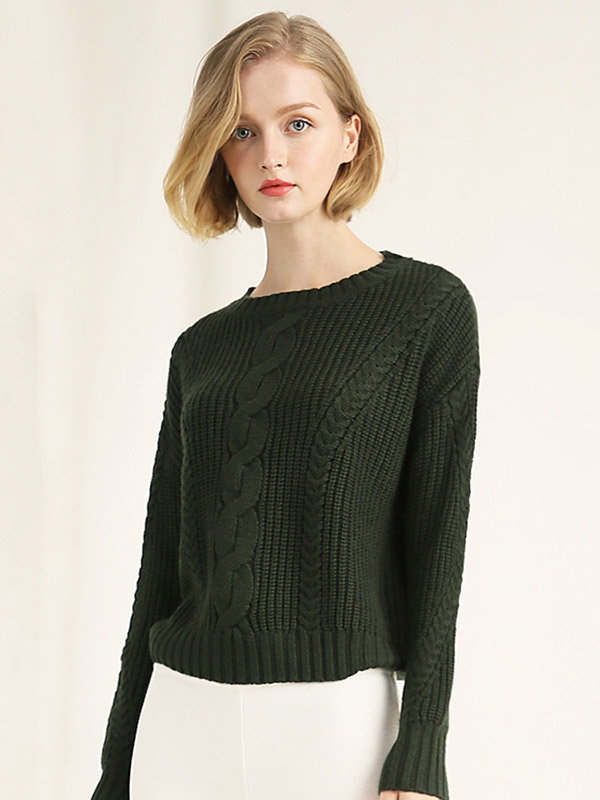 Green Twisted Rope Pattern Round Neck Knit Sweaters