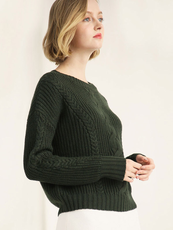 Green Twisted Rope Pattern Round Neck Knit Sweaters