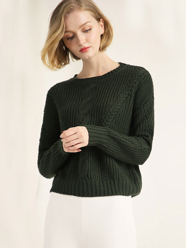 Green Twisted Rope Pattern Round Neck Knit Sweaters