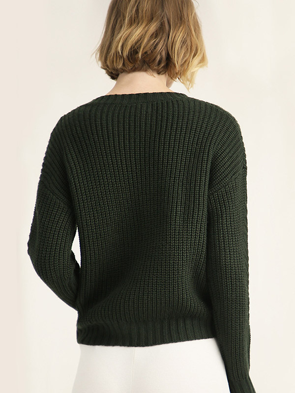 Green Twisted Rope Pattern Round Neck Knit Sweaters