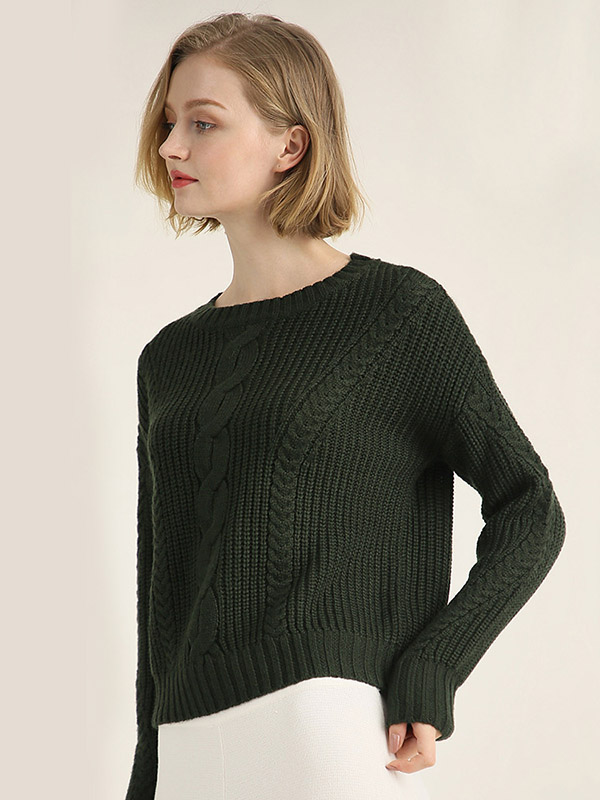 Green Twisted Rope Pattern Round Neck Knit Sweaters