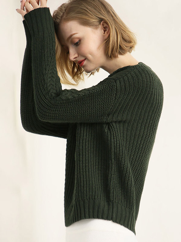 Green Twisted Rope Pattern Round Neck Knit Sweaters