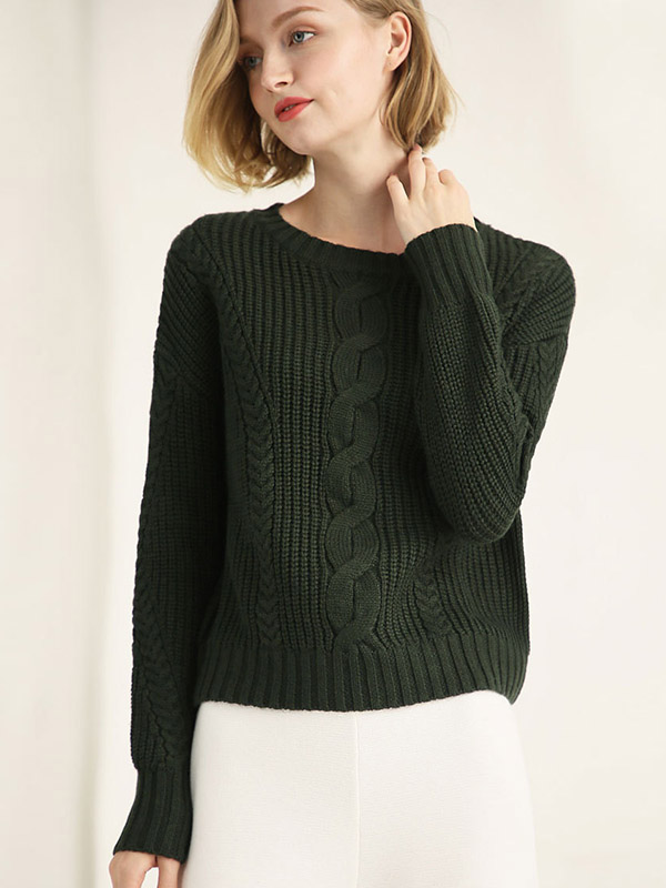 Green Twisted Rope Pattern Round Neck Knit Sweaters