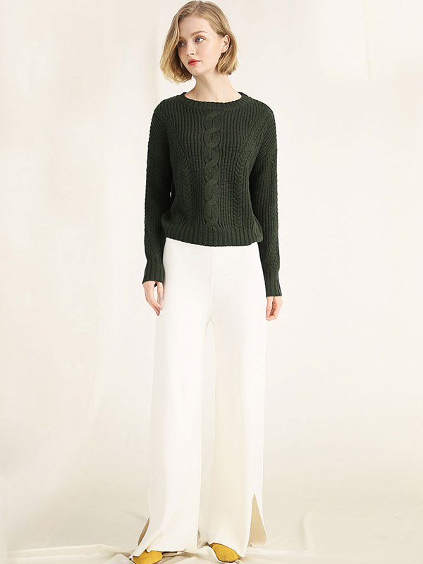 Green Twisted Rope Pattern Round Neck Knit Sweaters