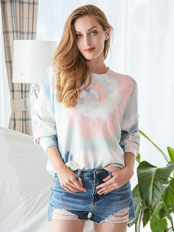 Multicolored Pullover Long Sleeve Smudge Tie-dye Knit Sweater