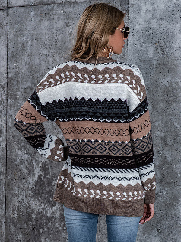 Brown Diamond Pattern Lazy Style Loose Knit Sweaters