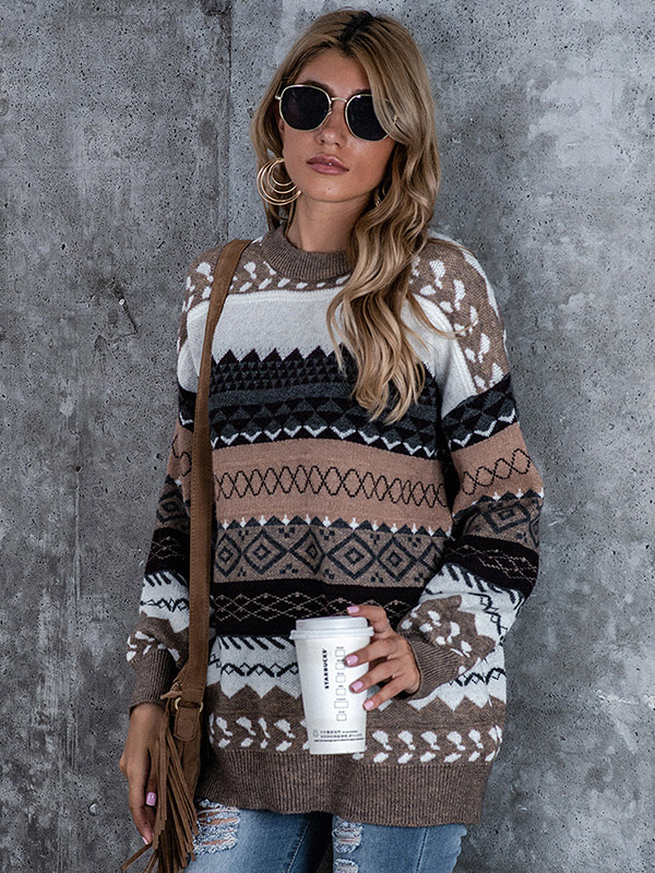 Brown Diamond Pattern Lazy Style Loose Knit Sweaters