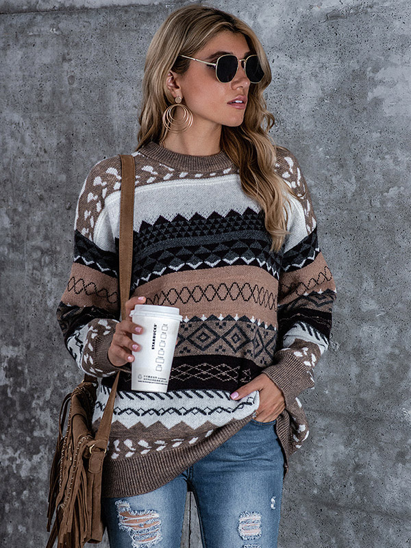 Brown Diamond Pattern Lazy Style Loose Knit Sweaters