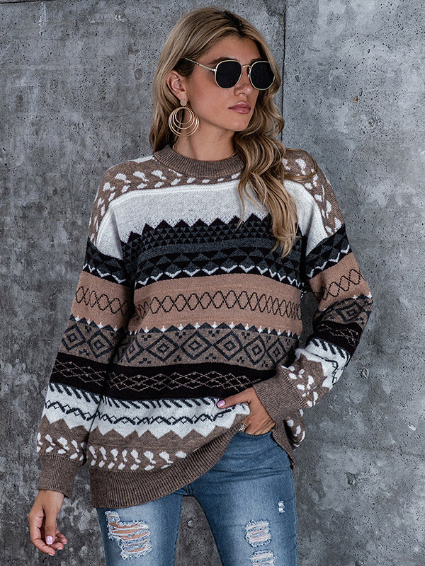 Brown Diamond Pattern Lazy Style Loose Knit Sweaters