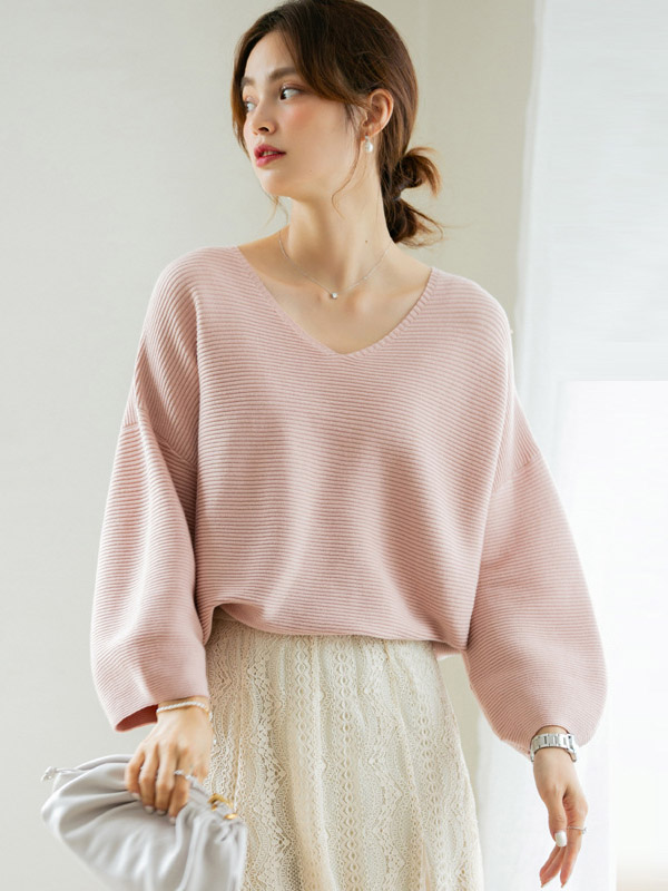 Pink Oversize V-neck Lazy Style Knit Sweaters