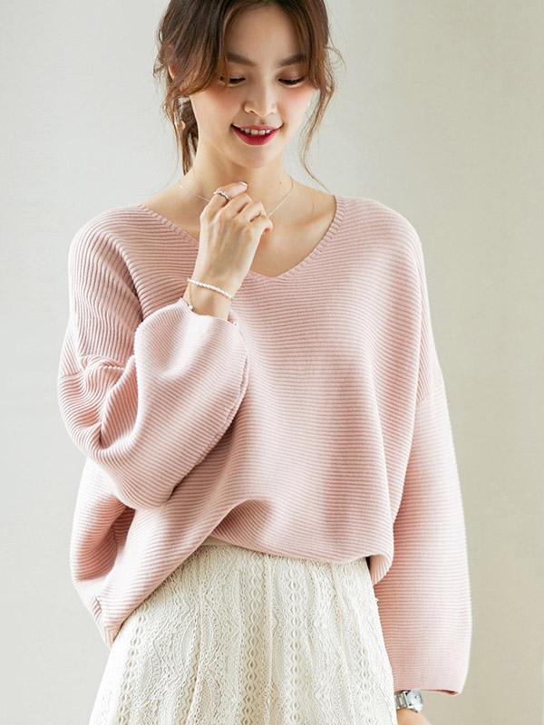 Pink Oversize V-neck Lazy Style Knit Sweaters