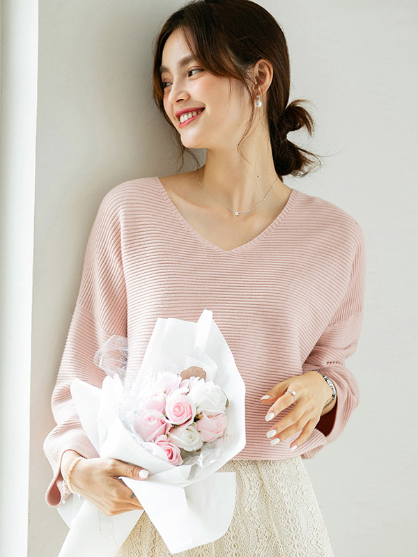 Pink Oversize V-neck Lazy Style Knit Sweaters