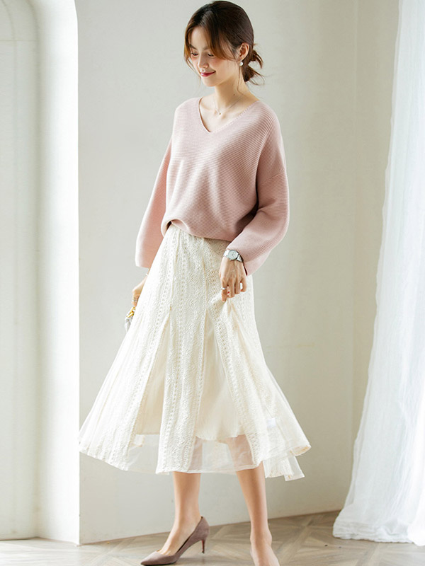 Pink Oversize V-neck Lazy Style Knit Sweaters