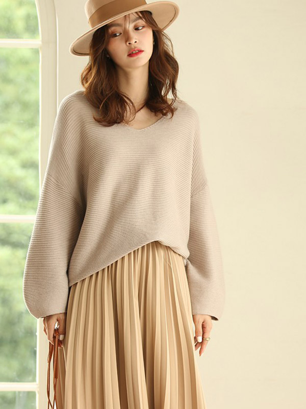 Camel Oversize V-neck Lazy Style Knit Sweaters