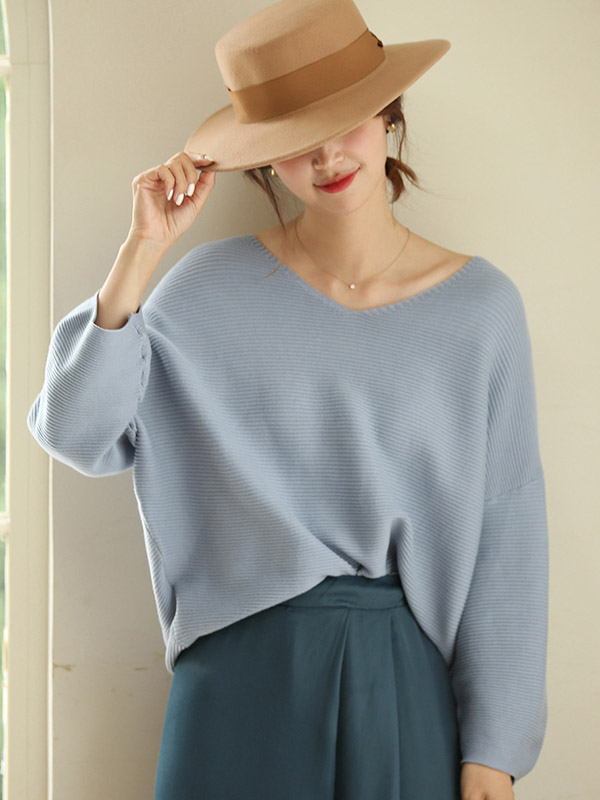 Blue Oversize V-neck Lazy Style Knit Sweaters