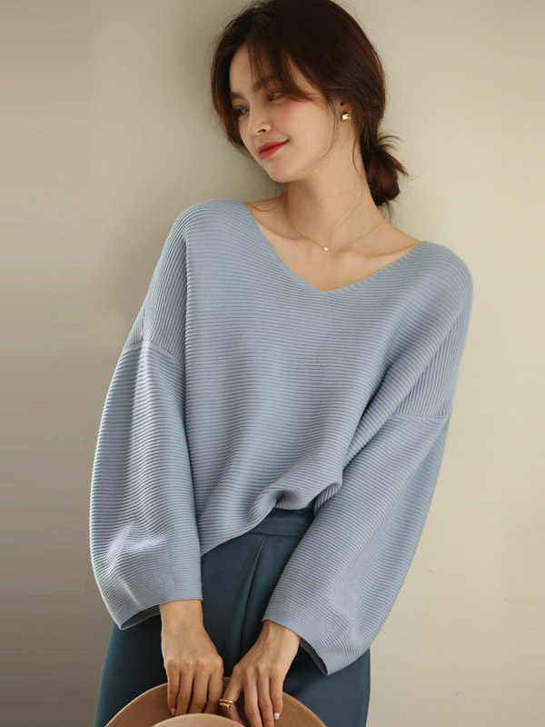 Blue Oversize V-neck Lazy Style Knit Sweaters