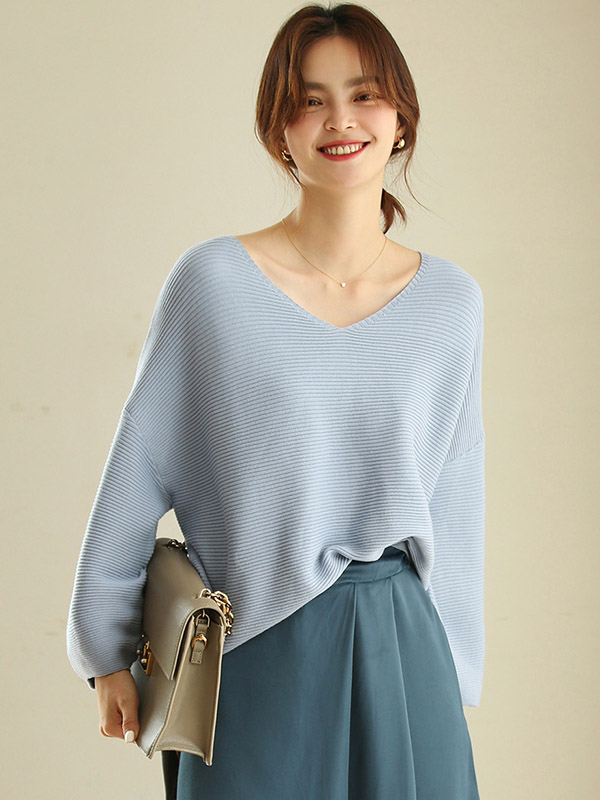 Blue Oversize V-neck Lazy Style Knit Sweaters