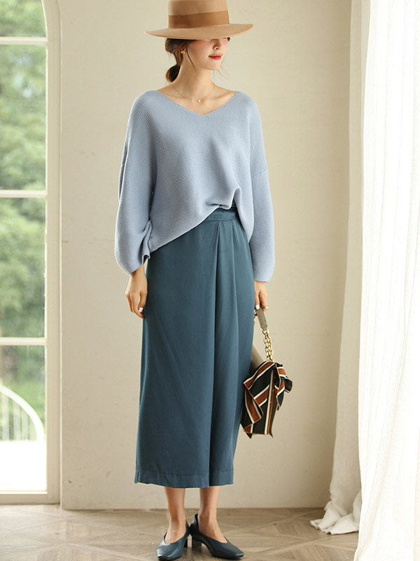 Blue Oversize V-neck Lazy Style Knit Sweaters